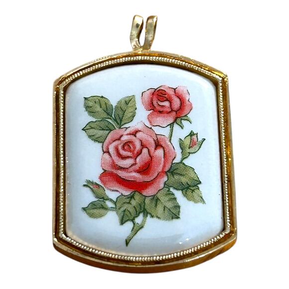 Avon June Rose Pendant Floral Heritage Collection 1980s Gold Tone Metal Frame - Picture 1 of 4